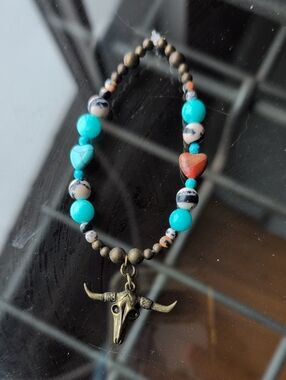 Turquoise Dyed Quartz & Brown Glass Beaded Bracelet with Bull Skull Charm
